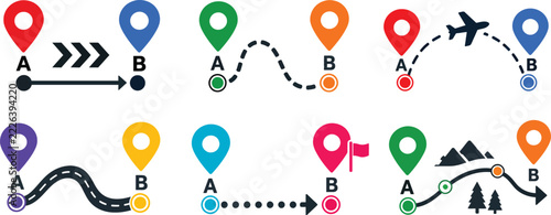 Set of travel route icons featuring different transportation methods and destination markers on white background