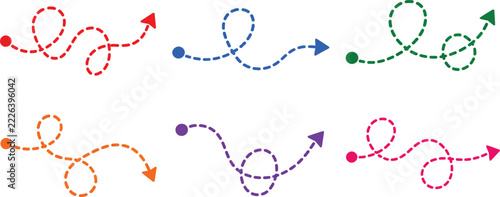 Six colorful hand-drawn dotted paths and lines ending in arrows and circles on white background