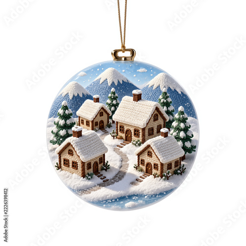 Isolated Christmas Ornament with Winter Village Scene and Snowy Mountains