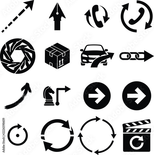 Collection of black vector icons featuring various navigation arrows, transport, and symbols