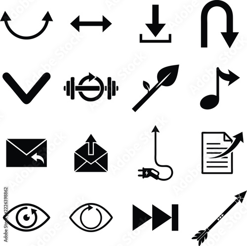 Collection of black vector icons featuring various navigation arrows, media controls, and symbols