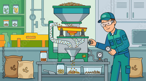 Technician inspecting a seed sorting machine in a factory
