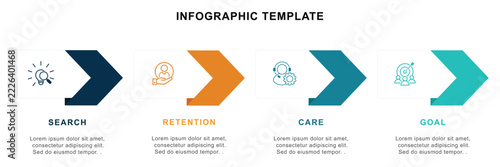 Horizontal business timeline arrow process infographic with four steps and icons. Steps business data visualization timeline process infographic template 