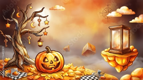 Whimsical Halloween Fantasy Illustration Featuring a Smiling Jack o Lantern Pumpkin, Spooky Tree with Keys and a Floating Glowing Lantern in a Magical Orange Sky