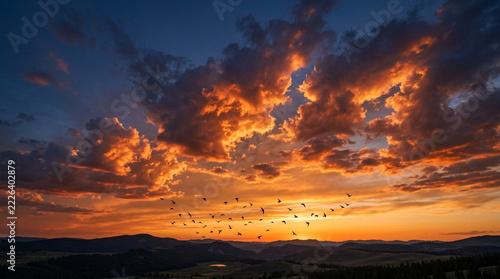 Flock of birds flying over silhouette mountains during sunset