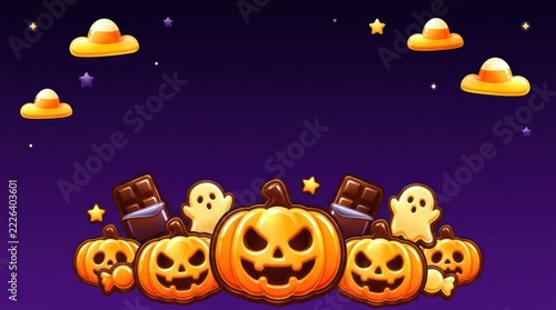 Halloween Party Background with Spooky Jack O Lanterns, Ghosts, and Candy on Purple Backdrop. Festive Game Art Illustration with Copy Space for Holiday Greetings.