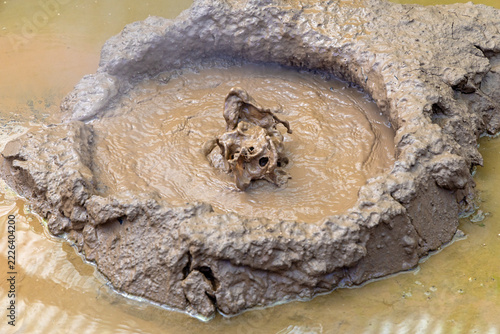 a close-up view of a bubbling hot mud pool with thick grey mud and steaming vents, showing volcanic activity and thermal processes in a geothermal field