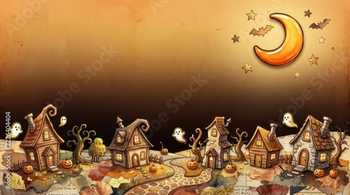 Whimsical Halloween Village Background with Spooky Houses, Ghosts, and a Crescent Moon. Perfect for Festive Cards, Party Invitations, or Seasonal Website Banners with Copy Space.