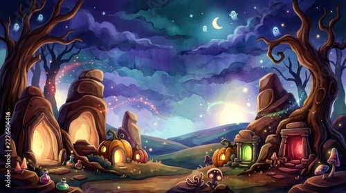 Magical Halloween Enchanted Forest Illustration with Pumpkin Houses Ghosts and Glowing Caves under a Starry Night Sky Watercolor Fantasy Background