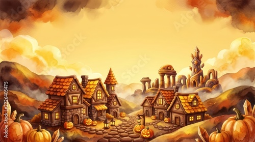 Watercolor Halloween Fantasy Village Illustration with Jack-o-Lanterns and Cozy Cottages in a Golden Autumn Landscape for Festive Seasonal Projects and Backgrounds
