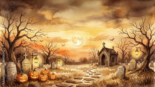 Hand Painted Spooky Halloween Graveyard Illustration with Carved Pumpkins Full Moon and Ancient Crypt in Watercolor Style