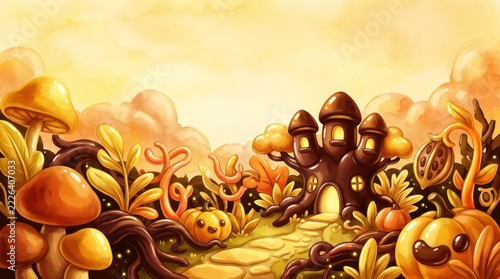 Whimsical Autumn Fantasy Landscape with Cute Pumpkins, Fairy Tale Tree House, and Magic Mushrooms in a Golden Watercolor Style for Halloween Background