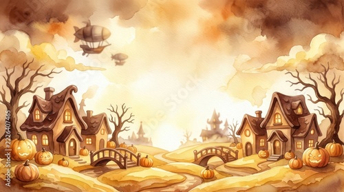 Whimsical Halloween Fantasy Village Watercolor Illustration with Spooky Cottages Jack o Lantern Pumpkins and Steampunk Airships in Golden Autumn Landscape