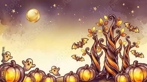 Whimsical Halloween Illustration with Glowing Jack-o-lantern Pumpkins, Cute Ghosts, and Bats under a Golden Full Moon. Magical Autumn Night Background with Copy Space for Text.