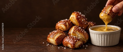 Golden Salted Pretzel Bites Dipped in Creamy Honey Mustard Sauce on Dark Background