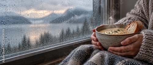 Hands holding warm bowl of creamy soup with bread by rainy window with mountain view
