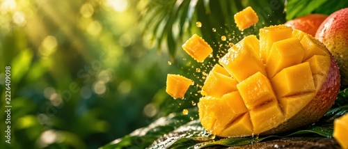 Fresh Ripe Mango Cubes Splashing Tropical Juice in Sunlit Green Background