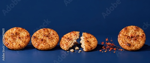 Crispy Japanese rice crackers with chili flakes in a row on navy blue background with copy space