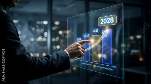 Businessman's hand pointing at upward trending graph with future projections during night office
