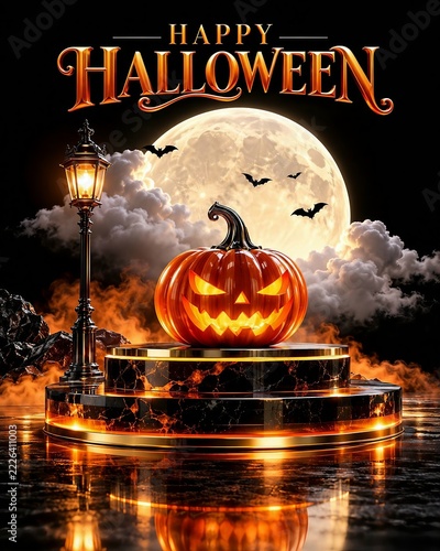 Luxury Happy Halloween Pumpkin with Glowing Moon, Golden Typography, and Dramatic Gothic Night Scene