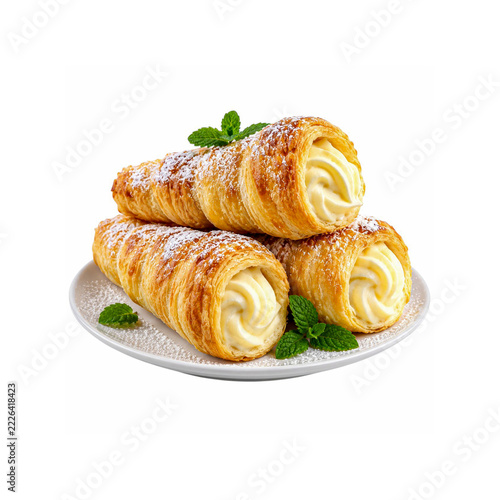 Puff pastry cream rolls filled with vanilla whipped cream isolated on white