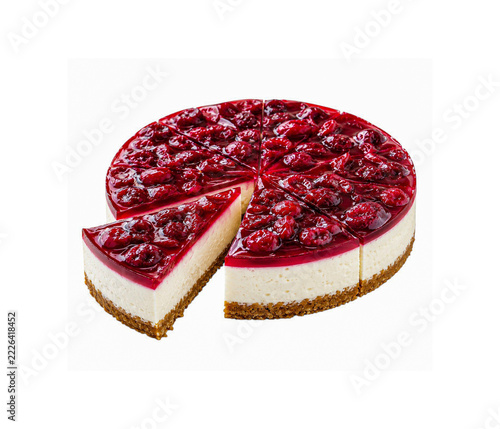 Sliced raspberry cheesecake with jelly topping isolated on a white background