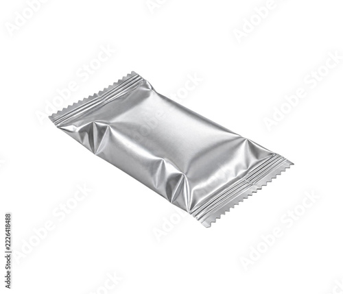 Blank silver foil pouch package isolated on a plain white background for design