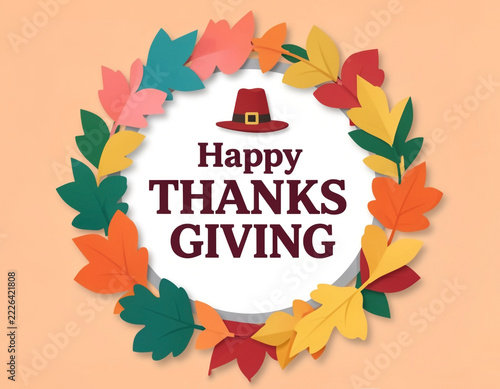 A cheerful Thanksgiving greeting card design centered on a large white circular medallion