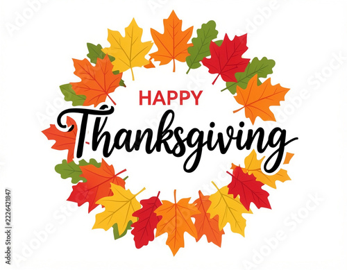 A cheerful Thanksgiving greeting-card graphic centered on the words “HAPPY Thanksgiving