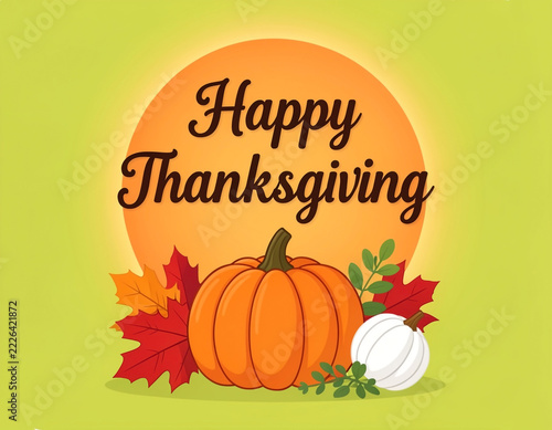 A cheerful Thanksgiving greeting-card illustration with a large glowing orange sun or circular backdrop centered