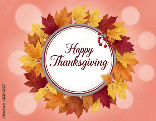 A festive Thanksgiving greeting card with a large white circular medallion centered in the frame