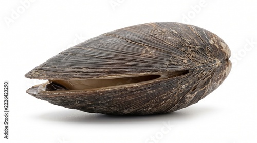 Cold seep mussel displayed shell featuring a dark textured surface and slightly open gap.