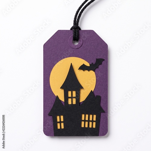 Purple Halloween Gift Tag with Haunted House, Golden Moon and Flying Bats.