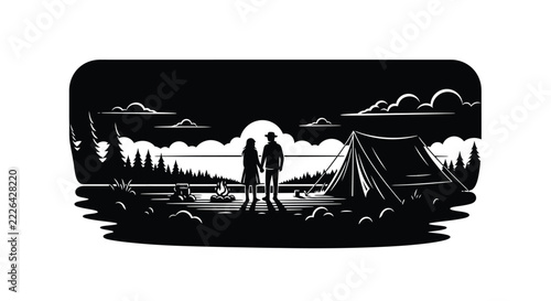 Romantic Couple Camping Adventure with Campfire and Tent Illustration