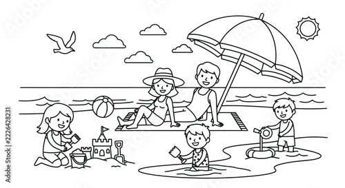Happy Family Beach Day Fun and Summer Activities Coloring Page