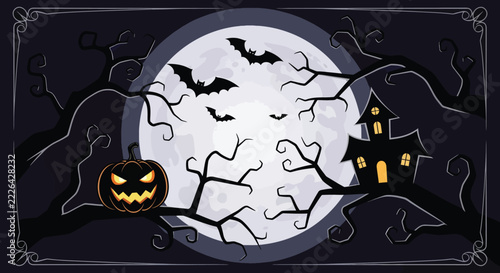 Spooky Halloween Night with Full Moon, Jack O Lantern, and Haunted House