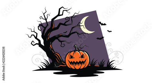 Spooky Halloween Night with Jack-o'-Lantern, Twisted Tree, and Flying Bats