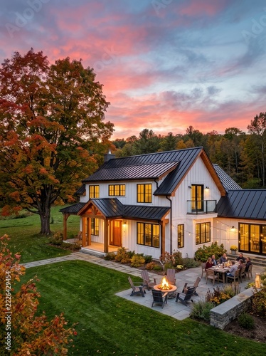 Beautiful Modern White Farmhouse with Family Dinner on Patio and Fire Pit at Sunset