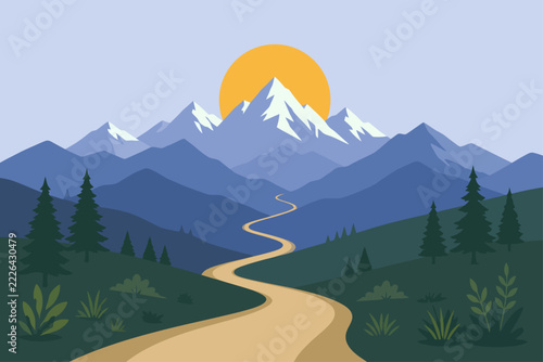 Blue Mountain Landscape with Winding Road, Pine Forest and Golden Sun Background