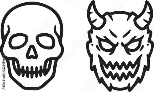 human skull and devil face outline illustrations for halloween parties horror themes and spooky designs.