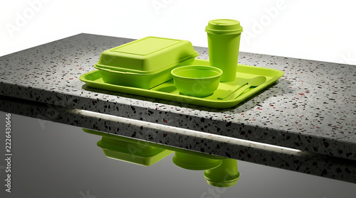 Bright Green Food Tray With Bowl Cup and Plate Set Arranged on a Speckled Countertop with Reflection Below
