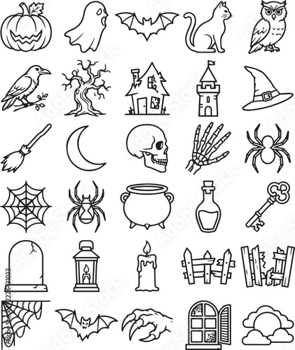 Spooky halloween landscape elements including haunted house tombstones ghosts and creepy animals in black linear vector graphics.