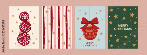 Merry Christmas greeting card set vector illustration with red baubles gold stars stripes and holiday decorations