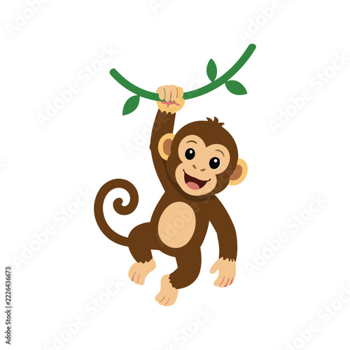 Canvas Print Monkey character hanging on jungle vine playful primate vector illustration for
