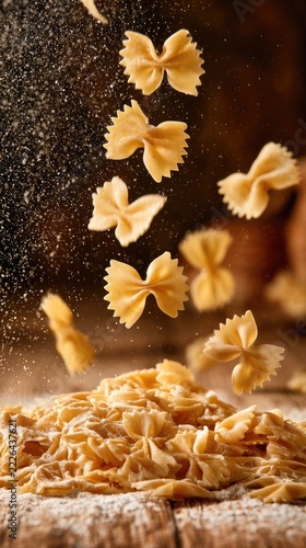 Uncooked farfalle falls through the air onto a flour-dusted wooden table in a rustic kitchen