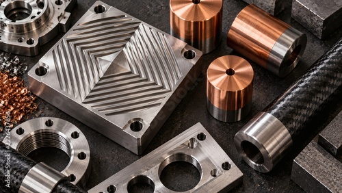 Sports engineering flat lay with CNC milled stainless steel block, tungsten weights and carbon shaft