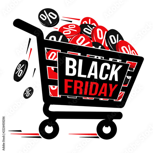 Black Friday Shopping Cart Filled with Discount Percentage Symbols