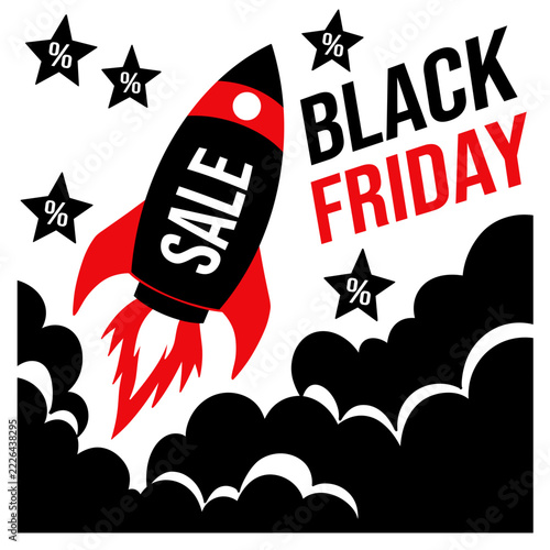Black Friday Sale Rocket Launch with Discount Stars and Promotional Typography