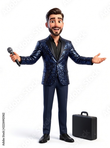 3D Businessman Mascot performing with passion on stage in sequins