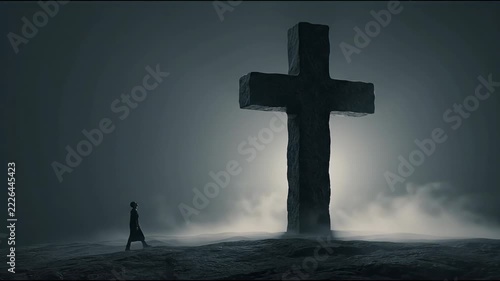 Minimalist Cinematic Silhouette of a Monolithic Stone Cross with a Human Figure Walking Through Ethereal Mist in a Dark Atmospheric Spiritual Setting